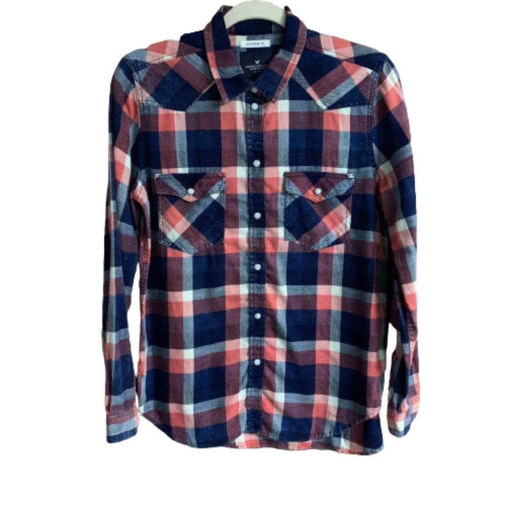 American Eagle Small Button Down Long Sleeve Women's Cotton Distressed Shirt EUC